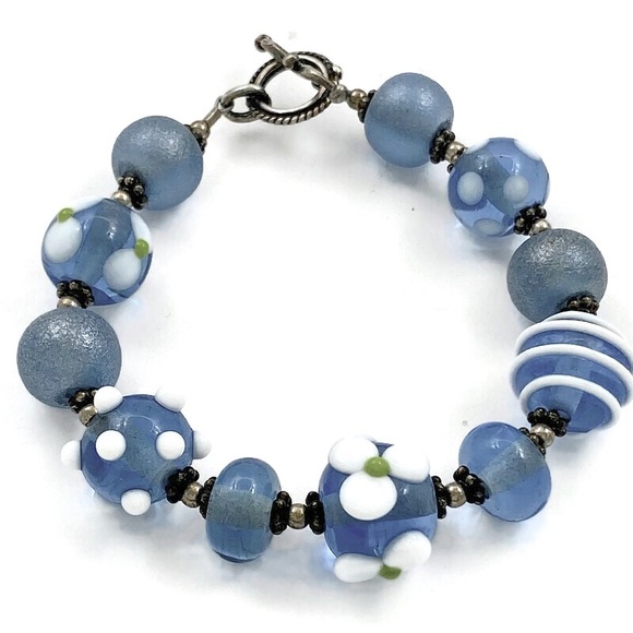 Vintage Blue Art Glass Besds 925 Artisan Bracelet - Picture 1 of 13